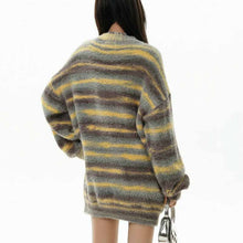 画像をギャラリービューアに読み込む, レトロな色合わせボーダーセーター女秋冬ゆったりVネックニットカーディガンコートロングセーターコート