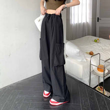 画像をギャラリービューアに読み込む, カジュアルオーバーオールハイウエスト巾着ワイドレッグパンツルーズストレートレッグパンツ薄手カジュアルラージポケットパンツ
