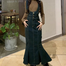 画像をギャラリービューアに読み込む, 韓国っぽ カジュアルワンピースストラップドレスフィッシュテールデニムスカート