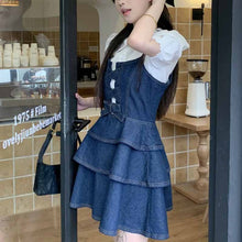 画像をギャラリービューアに読み込む, サマーシャツ サスペンダー デニムスカート 2点セットパフスリーブ ブラウス キャミソール デニム ジャンパースカート セットアップ 半袖
