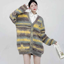 画像をギャラリービューアに読み込む, レトロな色合わせボーダーセーター女秋冬ゆったりVネックニットカーディガンコートロングセーターコート