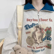 画像をギャラリービューアに読み込む, レトロカレッジラペル猫パーカーゆったりとした長袖ハーフジップかわいい漫画トップス