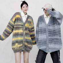 画像をギャラリービューアに読み込む, レトロな色合わせボーダーセーター女秋冬ゆったりVネックニットカーディガンコートロングセーターコート