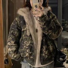画像をギャラリービューアに読み込む, 韓国系ファッション迷彩ミリタリー刺繍ワッペン厚手防寒ファースタジャンジャケットアウター原宿系個性的