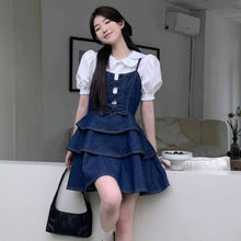 画像をギャラリービューアに読み込む, サマーシャツ サスペンダー デニムスカート 2点セットパフスリーブ ブラウス キャミソール デニム ジャンパースカート セットアップ 半袖