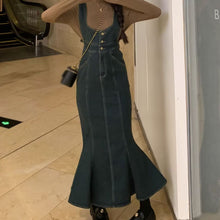 画像をギャラリービューアに読み込む, 韓国っぽ カジュアルワンピースストラップドレスフィッシュテールデニムスカート