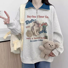 画像をギャラリービューアに読み込む, レトロカレッジラペル猫パーカーゆったりとした長袖ハーフジップかわいい漫画トップス