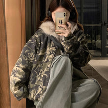 画像をギャラリービューアに読み込む, 韓国系ファッション迷彩ミリタリー刺繍ワッペン厚手防寒ファースタジャンジャケットアウター原宿系個性的