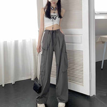 画像をギャラリービューアに読み込む, カジュアルオーバーオールハイウエスト巾着ワイドレッグパンツルーズストレートレッグパンツ薄手カジュアルラージポケットパンツ