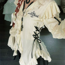 画像をギャラリービューアに読み込む, レースシャツ グランジ ゴシック イレギュラー ブラウス 原宿 バンデージ シャツ ヴィンテージ ロリータ 洋服 lolita vネックレデイーズ