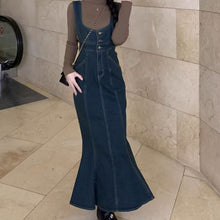 画像をギャラリービューアに読み込む, 韓国っぽ カジュアルワンピースストラップドレスフィッシュテールデニムスカート