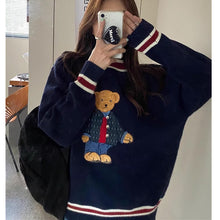 画像をギャラリービューアに読み込む, かわいい韓国っぱ刺繍入りベアカラーブロック ストライプVネックニットセーターレデイーズ