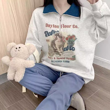 画像をギャラリービューアに読み込む, レトロカレッジラペル猫パーカーゆったりとした長袖ハーフジップかわいい漫画トップス