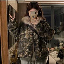 画像をギャラリービューアに読み込む, 韓国系ファッション迷彩ミリタリー刺繍ワッペン厚手防寒ファースタジャンジャケットアウター原宿系個性的