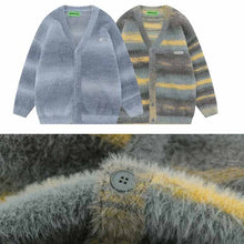 画像をギャラリービューアに読み込む, レトロな色合わせボーダーセーター女秋冬ゆったりVネックニットカーディガンコートロングセーターコート