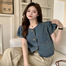 画像をギャラリービューアに読み込む, レトロ半袖デニムトップス韓国風ファッション外国風ラウンドネックルーズデニムシャツ