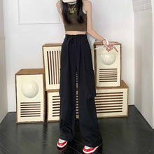 画像をギャラリービューアに読み込む, カジュアルオーバーオールハイウエスト巾着ワイドレッグパンツルーズストレートレッグパンツ薄手カジュアルラージポケットパンツ