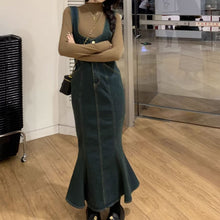 画像をギャラリービューアに読み込む, 韓国っぽ カジュアルワンピースストラップドレスフィッシュテールデニムスカート