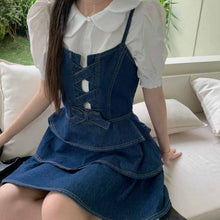 画像をギャラリービューアに読み込む, サマーシャツ サスペンダー デニムスカート 2点セットパフスリーブ ブラウス キャミソール デニム ジャンパースカート セットアップ 半袖