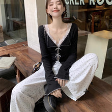 画像をギャラリービューアに読み込む, 3点セットアップ蝶の装飾長袖レースキャミソールポルカドットワイドレッグパンツファッションスーツ韓国ファッション