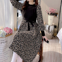 画像をギャラリービューアに読み込む, 花柄ワンピ ロング丈ウエストマーク切替 長袖 ニットワンピ通勤