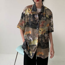 画像をギャラリービューアに読み込む, 柄シャツ セピアカラー フラワー柄 絵画風 ビッグシルエット 半袖 トップス ダンス 衣装 ヒップホップ コスチューム 韓国ファッション 個性的 服