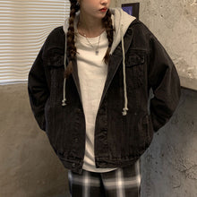 画像をギャラリービューアに読み込む, ゆったりシンプルトップスコートジャケット フード付き デニムアウター韓国風