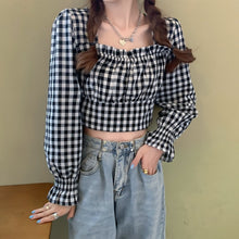 画像をギャラリービューアに読み込む, フレンチスクエアカラートップ気質ジシャツカジュアル チェックブラウス
