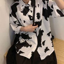 画像をギャラリービューアに読み込む, 柄シャツ 牛柄 総柄 プリント モノトーン 半袖 トップス ダンス 衣装 ヒップホップ コスチューム 韓国ファッション 大きいサイズ 個性的 服 原宿系
