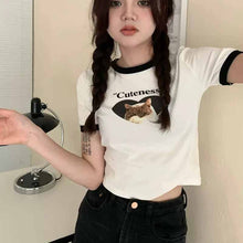 画像をギャラリービューアに読み込む, 古着半袖Tシャツ猫柄カジュアル ラウンドネックトップス
