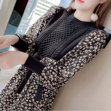 画像をギャラリービューアに読み込む, 花柄ワンピ ロング丈ウエストマーク切替 長袖 ニットワンピ通勤