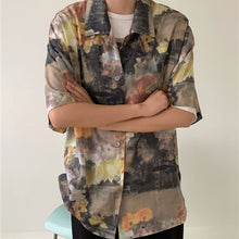 画像をギャラリービューアに読み込む, 柄シャツ セピアカラー フラワー柄 絵画風 ビッグシルエット 半袖 トップス ダンス 衣装 ヒップホップ コスチューム 韓国ファッション 個性的 服