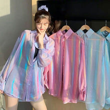 画像をギャラリービューアに読み込む, シアーシャツ オーロラカラー 長袖 シャツ ビッグシルエット シースルー ダンス 衣装 ヒップホップ コスチューム 韓国ファッション 大きいサイズ 個性的 服 原宿系