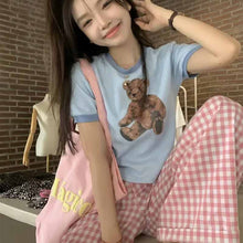 画像をギャラリービューアに読み込む, かわいいチェック柄くま ショート丈 Tシャツとパンツセットアップ