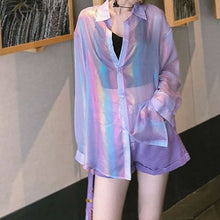 画像をギャラリービューアに読み込む, シアーシャツ オーロラカラー 長袖 シャツ ビッグシルエット シースルー ダンス 衣装 ヒップホップ コスチューム 韓国ファッション 大きいサイズ 個性的 服 原宿系