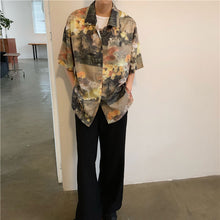 画像をギャラリービューアに読み込む, 柄シャツ セピアカラー フラワー柄 絵画風 ビッグシルエット 半袖 トップス ダンス 衣装 ヒップホップ コスチューム 韓国ファッション 個性的 服