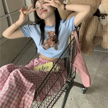 画像をギャラリービューアに読み込む, かわいいチェック柄くま ショート丈 Tシャツとパンツセットアップ