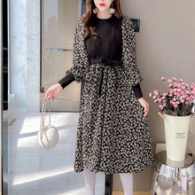 画像をギャラリービューアに読み込む, 花柄ワンピ ロング丈ウエストマーク切替 長袖 ニットワンピ通勤