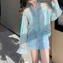 画像をギャラリービューアに読み込む, シアーシャツ オーロラカラー 長袖 シャツ ビッグシルエット シースルー ダンス 衣装 ヒップホップ コスチューム 韓国ファッション 大きいサイズ 個性的 服 原宿系