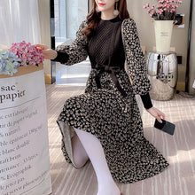画像をギャラリービューアに読み込む, 花柄ワンピ ロング丈ウエストマーク切替 長袖 ニットワンピ通勤