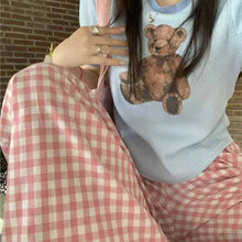 画像をギャラリービューアに読み込む, かわいいチェック柄くま ショート丈 Tシャツとパンツセットアップ
