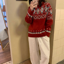 画像をギャラリービューアに読み込む, レトロノルディック柄ニットセーターカジュアル可愛いトップスレデイーズ