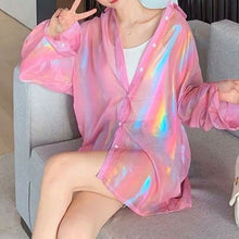 画像をギャラリービューアに読み込む, シアーシャツ オーロラカラー 長袖 シャツ ビッグシルエット シースルー ダンス 衣装 ヒップホップ コスチューム 韓国ファッション 大きいサイズ 個性的 服 原宿系