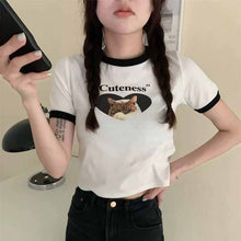 画像をギャラリービューアに読み込む, 古着半袖Tシャツ猫柄カジュアル ラウンドネックトップス