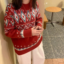 画像をギャラリービューアに読み込む, レトロノルディック柄ニットセーターカジュアル可愛いトップスレデイーズ