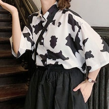 画像をギャラリービューアに読み込む, 柄シャツ 牛柄 総柄 プリント モノトーン 半袖 トップス ダンス 衣装 ヒップホップ コスチューム 韓国ファッション 大きいサイズ 個性的 服 原宿系
