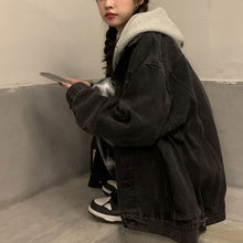 画像をギャラリービューアに読み込む, ゆったりシンプルトップスコートジャケット フード付き デニムアウター韓国風
