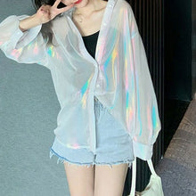 画像をギャラリービューアに読み込む, シアーシャツ オーロラカラー 長袖 シャツ ビッグシルエット シースルー ダンス 衣装 ヒップホップ コスチューム 韓国ファッション 大きいサイズ 個性的 服 原宿系