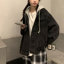 画像をギャラリービューアに読み込む, ゆったりシンプルトップスコートジャケット フード付き デニムアウター韓国風