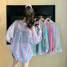 画像をギャラリービューアに読み込む, シアーシャツ オーロラカラー 長袖 シャツ ビッグシルエット シースルー ダンス 衣装 ヒップホップ コスチューム 韓国ファッション 大きいサイズ 個性的 服 原宿系